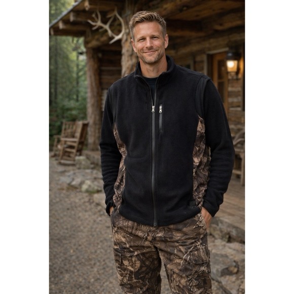 Mossy Oak Other - Mossy Oak Performance Fleece Vest 2XL Black Camo Panels Full Zip Hunting NWT